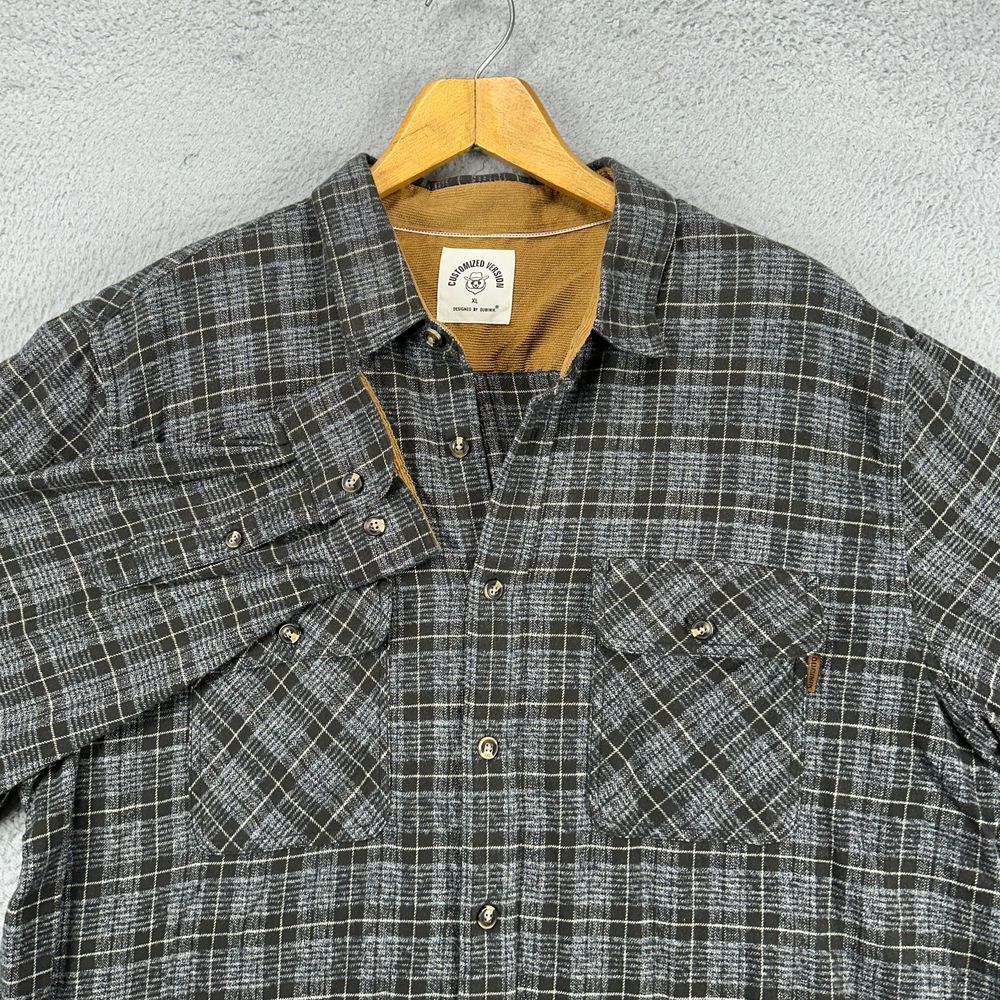 Customized Version Flannel Shirt Mens XL Grey Black Plaid Button Up Flap Pockets